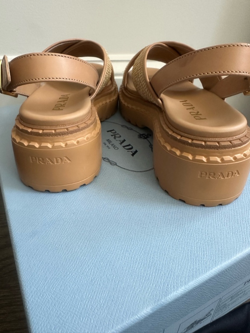 Prada Cream and Tan Raffia Platform Sandals - new in box - Picture 14 of 15